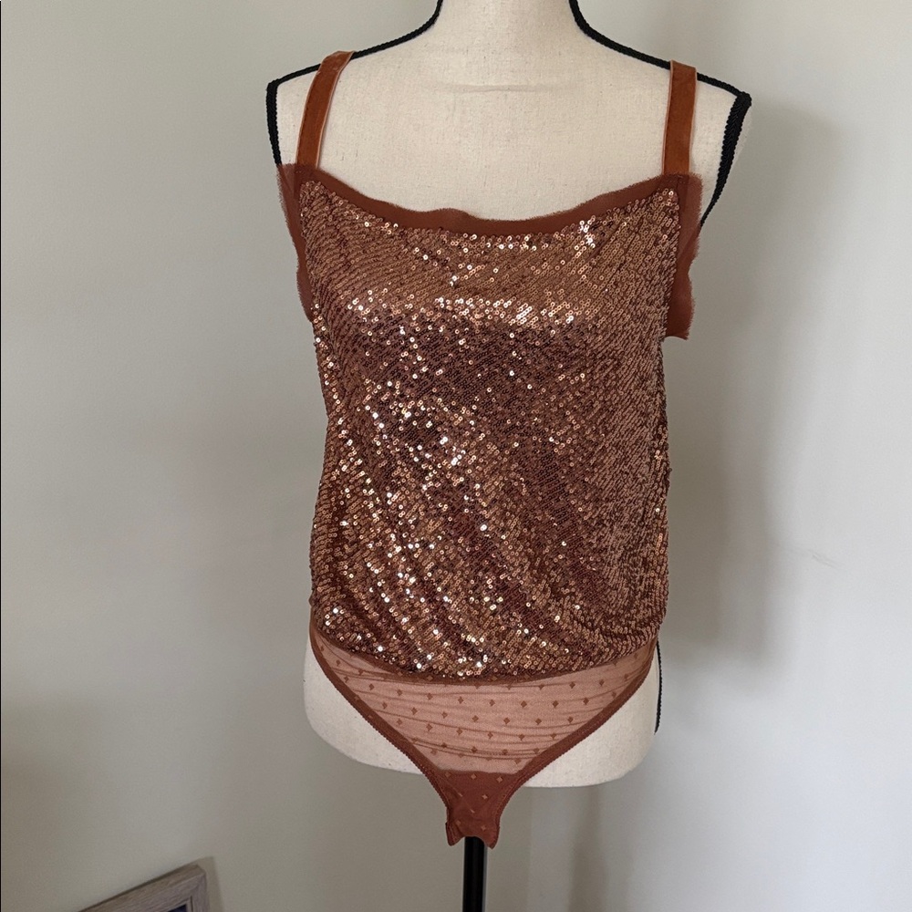 Free People Intimately Sequin Bodysuit in Bronze Size XS